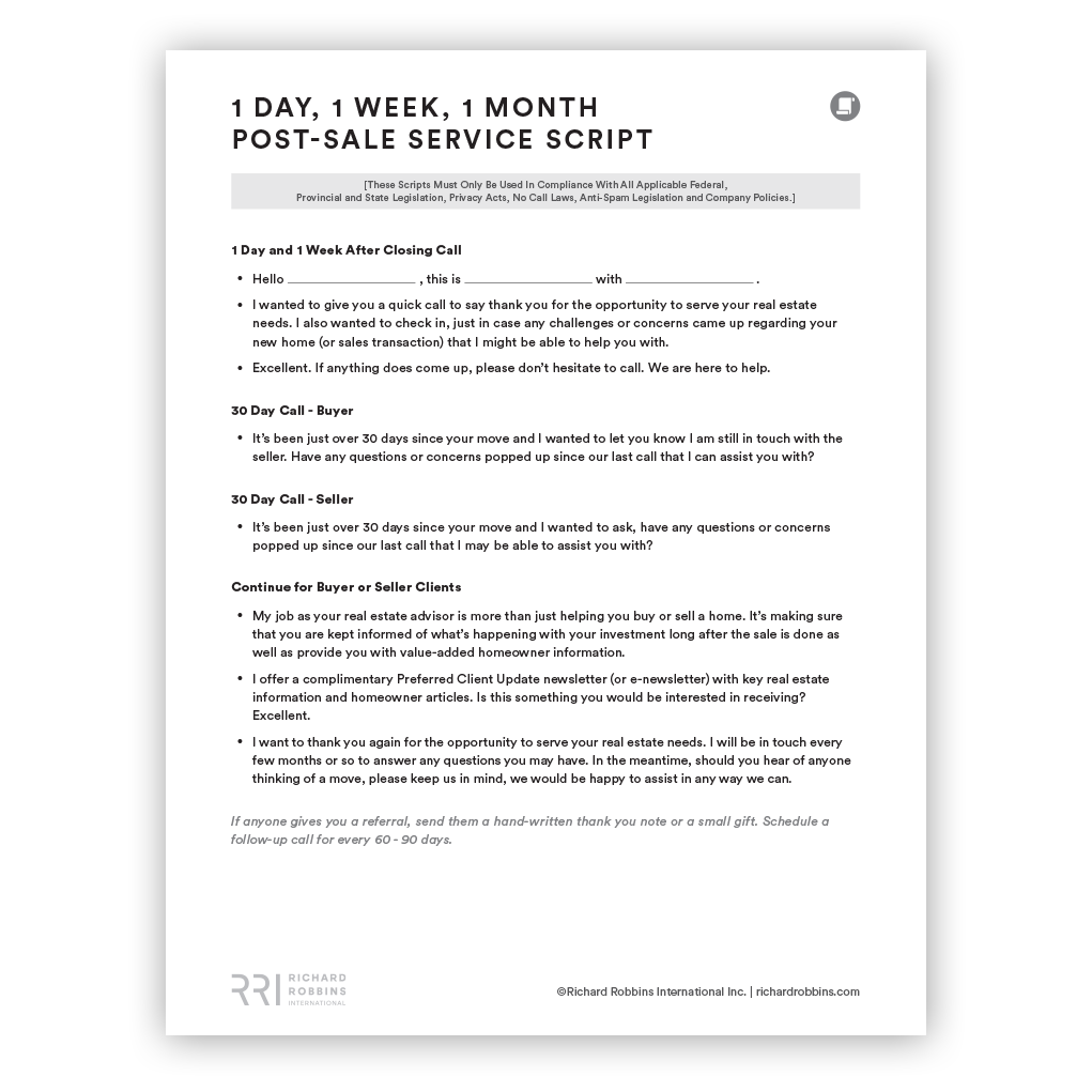 1 Day, 1 Week, 1 Month Post-Sale Service Script