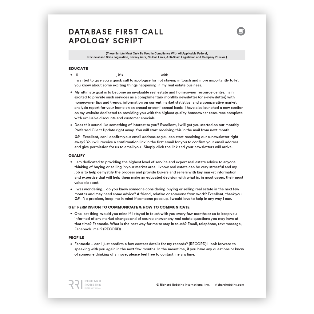 Database First Call Apology Script