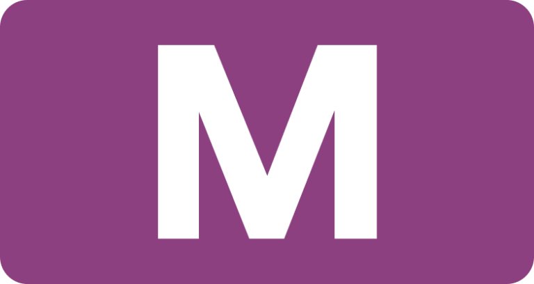 White letter M logo on purple background