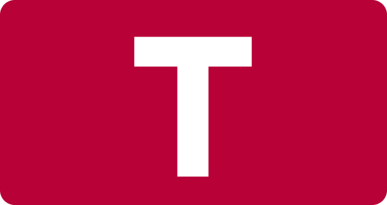 White letter T logo on red background