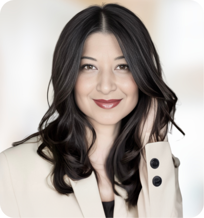 Portrait of a smiling woman with long dark hair in a beige blazer